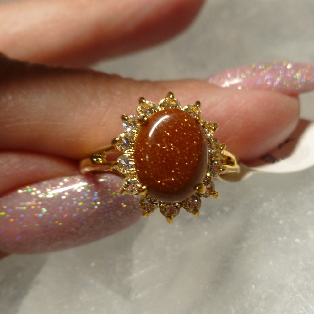 18k Gold EP Goldstone Swarovski Crystals Dolphin Ore Ring